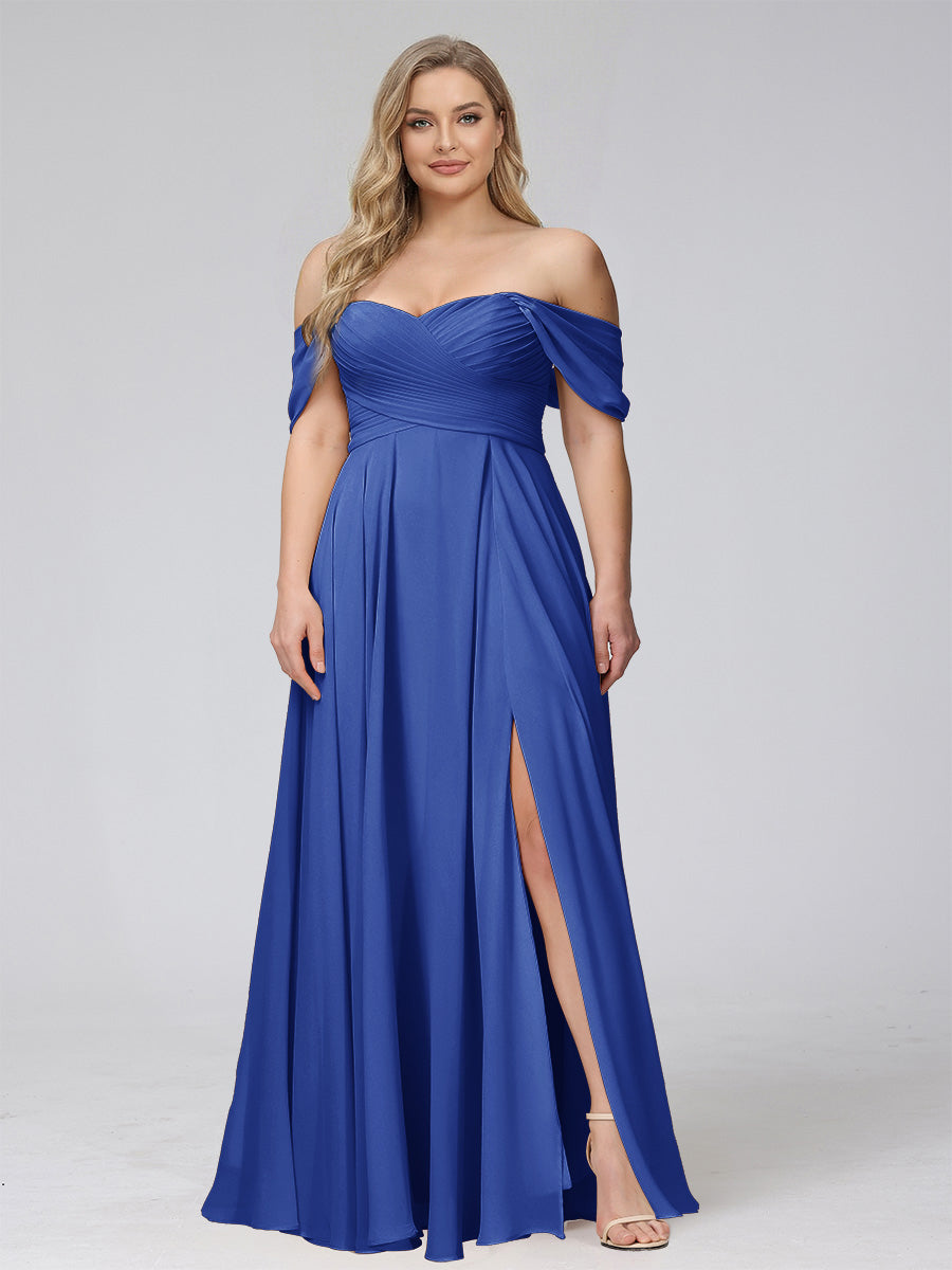 A-Line Off-the-Shoulder Sleeveless Ruched Long Chiffon Plus Size Bridesmaid Dresses with Split Side Light Royal Blue