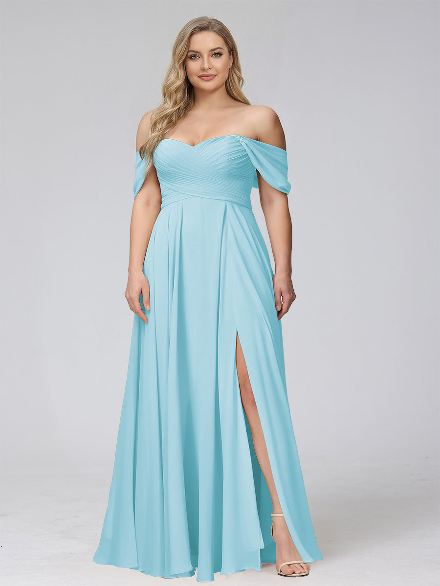 A-Line Off-the-Shoulder Sleeveless Ruched Long Chiffon Plus Size Bridesmaid Dresses with Split Side Light Sky Blue