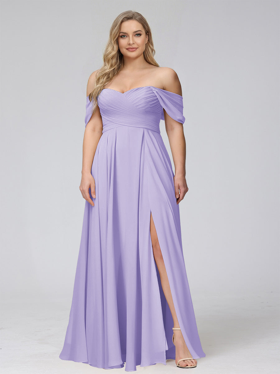 A-Line Off-the-Shoulder Sleeveless Ruched Long Chiffon Plus Size Bridesmaid Dresses with Split Side Lilac