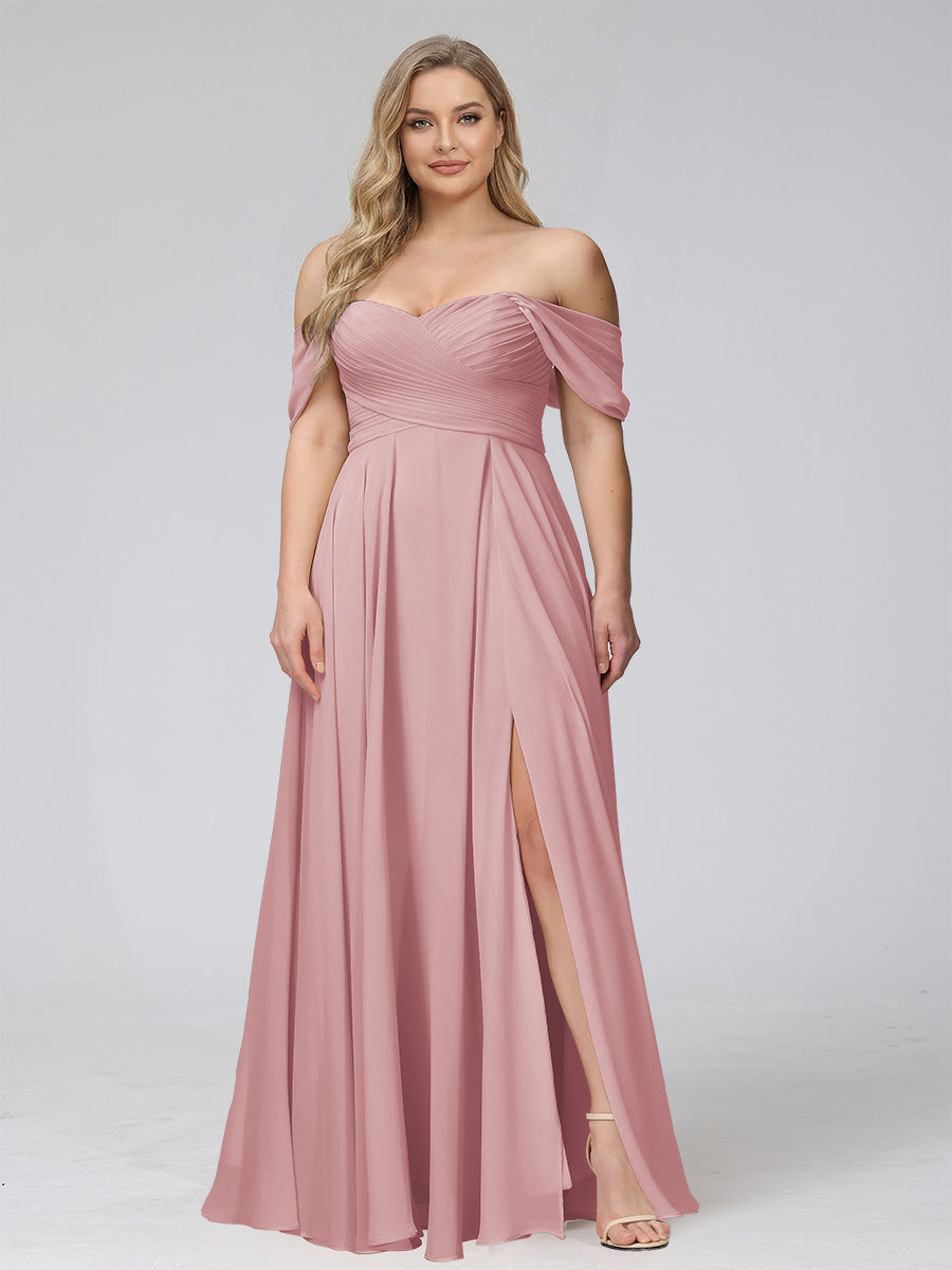 A-Line Off-the-Shoulder Sleeveless Ruched Long Chiffon Plus Size Bridesmaid Dresses with Split Side Mauve