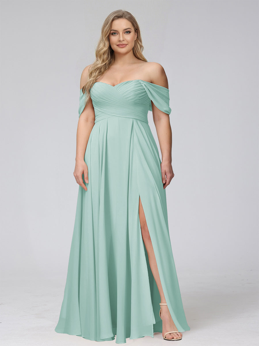 A-Line Off-the-Shoulder Sleeveless Ruched Long Chiffon Plus Size Bridesmaid Dresses with Split Side Mist Blue