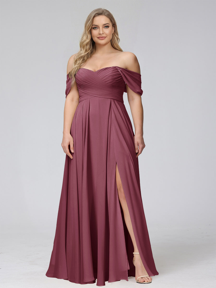 A-Line Off-the-Shoulder Sleeveless Ruched Long Chiffon Plus Size Bridesmaid Dresses with Split Side Mulberry