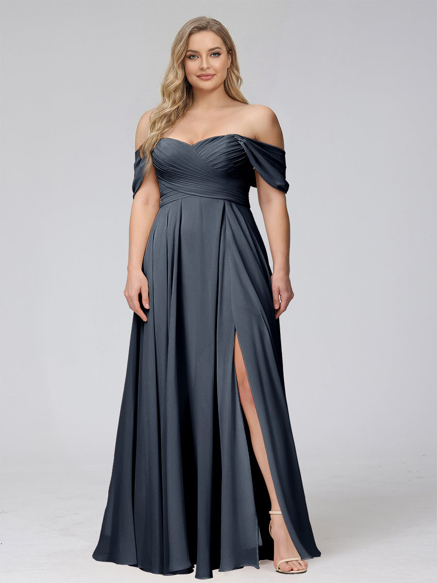 A-Line Off-the-Shoulder Sleeveless Ruched Long Chiffon Plus Size Bridesmaid Dresses with Split Side Navy Blue