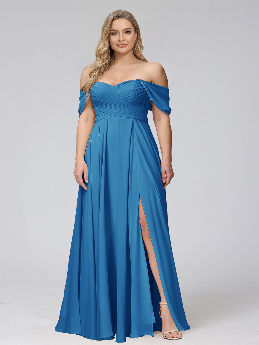 A-Line Off-the-Shoulder Sleeveless Ruched Long Chiffon Plus Size Bridesmaid Dresses with Split Side Ocean Blue