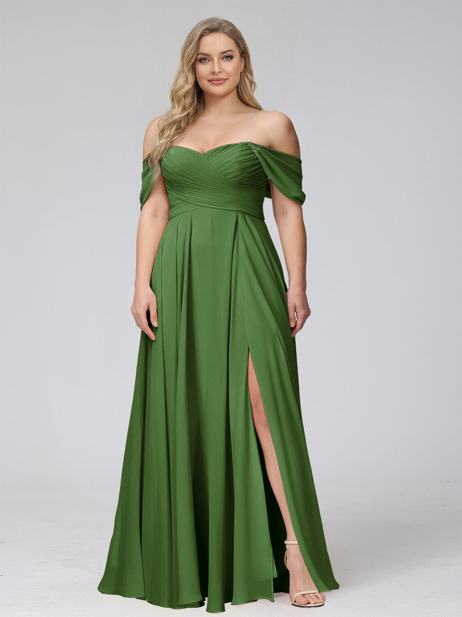 A-Line Off-the-Shoulder Sleeveless Ruched Long Chiffon Plus Size Bridesmaid Dresses with Split Side Olive Green