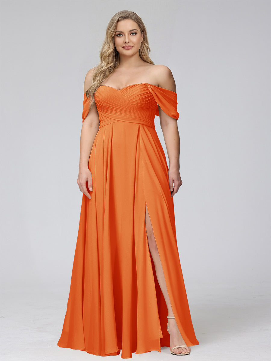 A-Line Off-the-Shoulder Sleeveless Ruched Long Chiffon Plus Size Bridesmaid Dresses with Split Side Orange