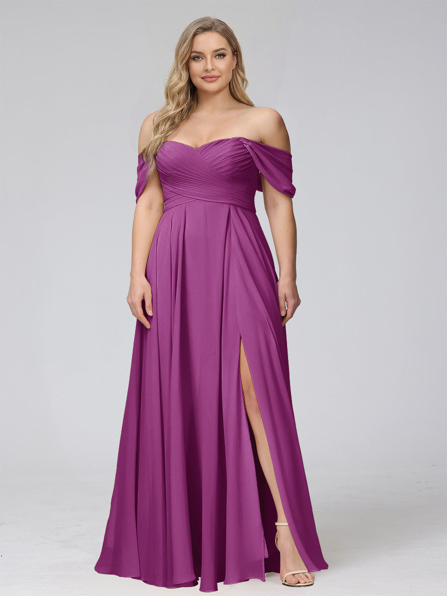 A-Line Off-the-Shoulder Sleeveless Ruched Long Chiffon Plus Size Bridesmaid Dresses with Split Side Orchid