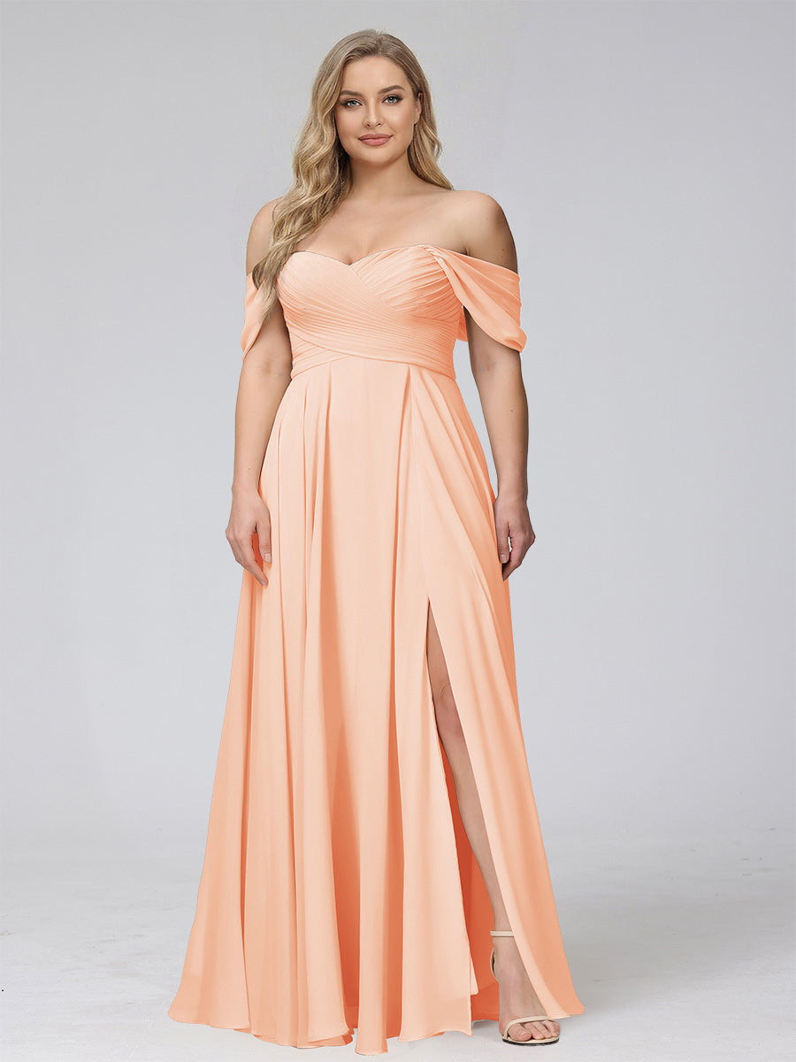A-Line Off-the-Shoulder Sleeveless Ruched Long Chiffon Plus Size Bridesmaid Dresses with Split Side Peach Pink