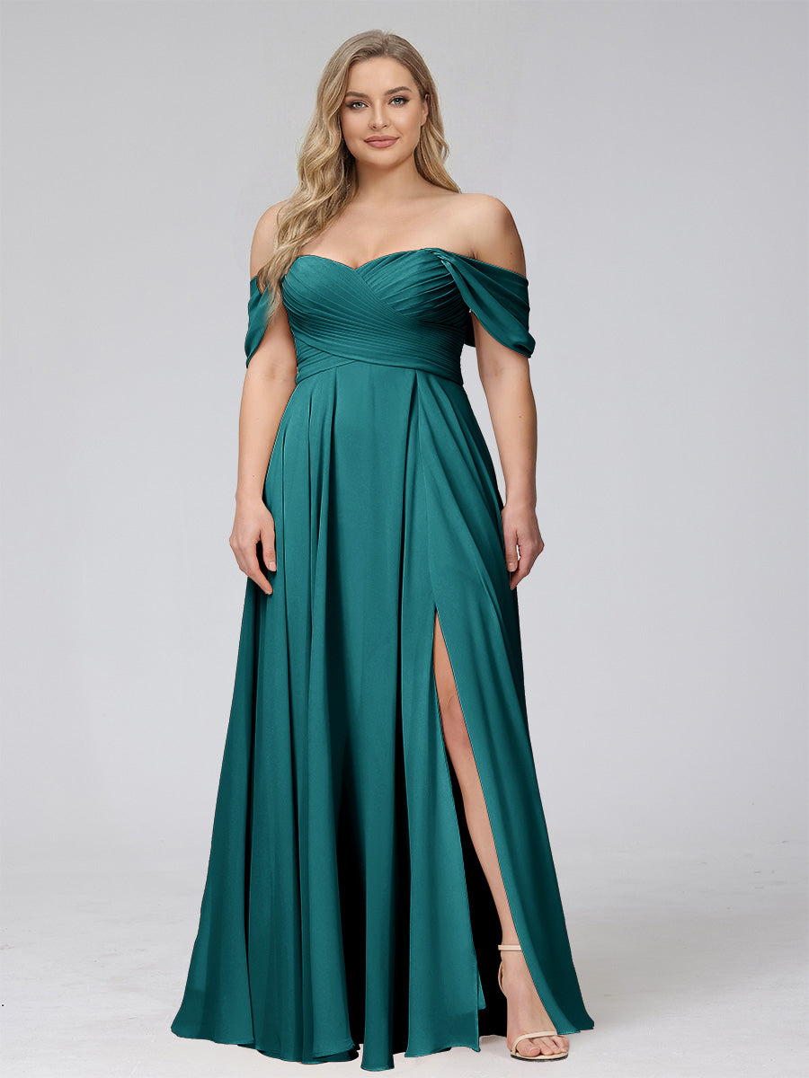 A-Line Off-the-Shoulder Sleeveless Ruched Long Chiffon Plus Size Bridesmaid Dresses with Split Side Peacock