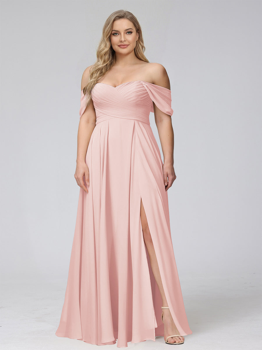 A-Line Off-the-Shoulder Sleeveless Ruched Long Chiffon Plus Size Bridesmaid Dresses with Split Side Pearl Pink