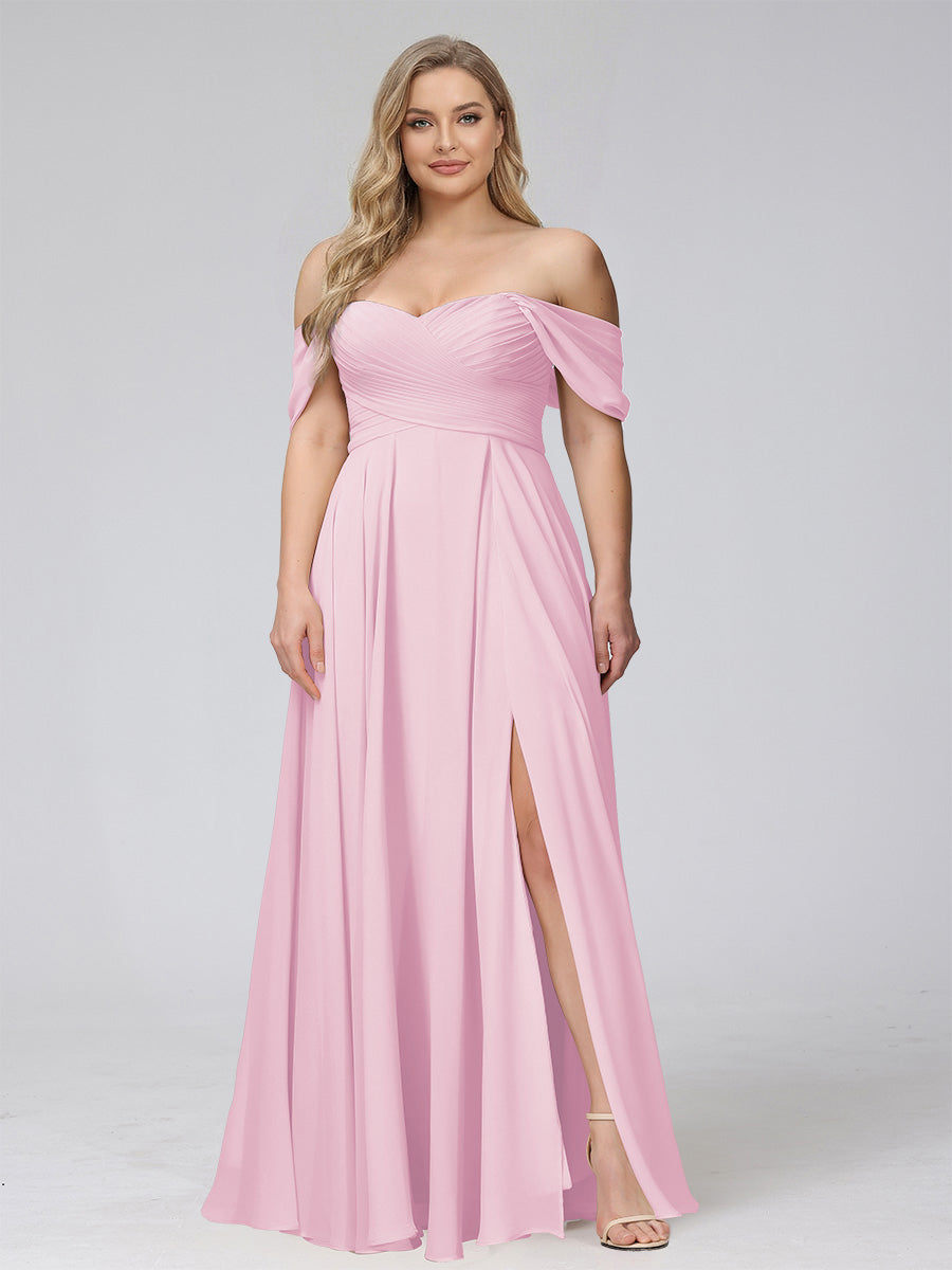 A-Line Off-the-Shoulder Sleeveless Ruched Long Chiffon Plus Size Bridesmaid Dresses with Split Side Pink