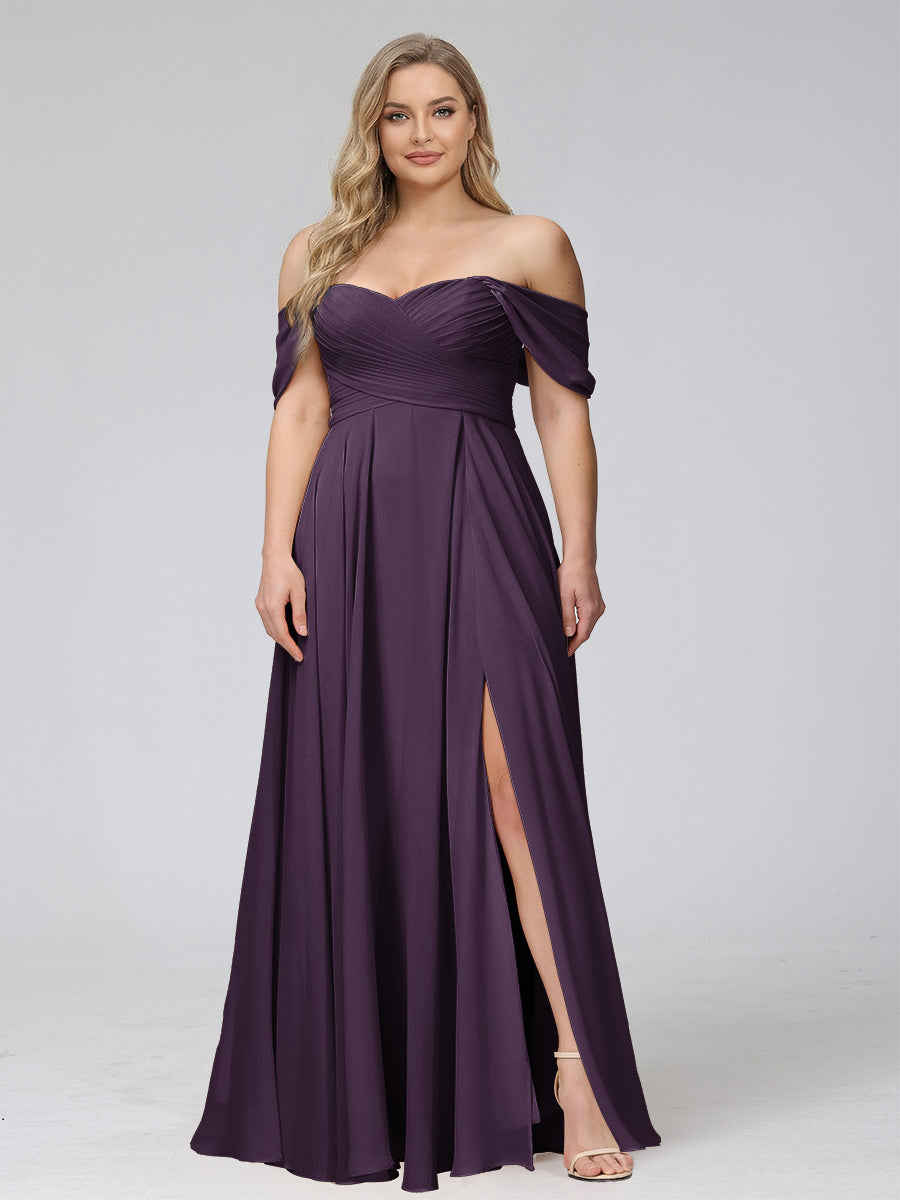 A-Line Off-the-Shoulder Sleeveless Ruched Long Chiffon Plus Size Bridesmaid Dresses with Split Side Plum