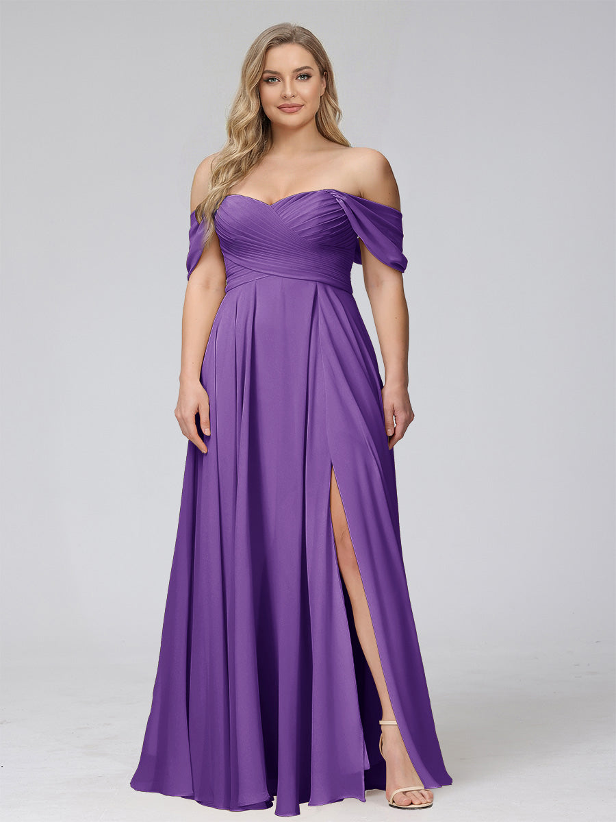 A-Line Off-the-Shoulder Sleeveless Ruched Long Chiffon Plus Size Bridesmaid Dresses with Split Side Purple