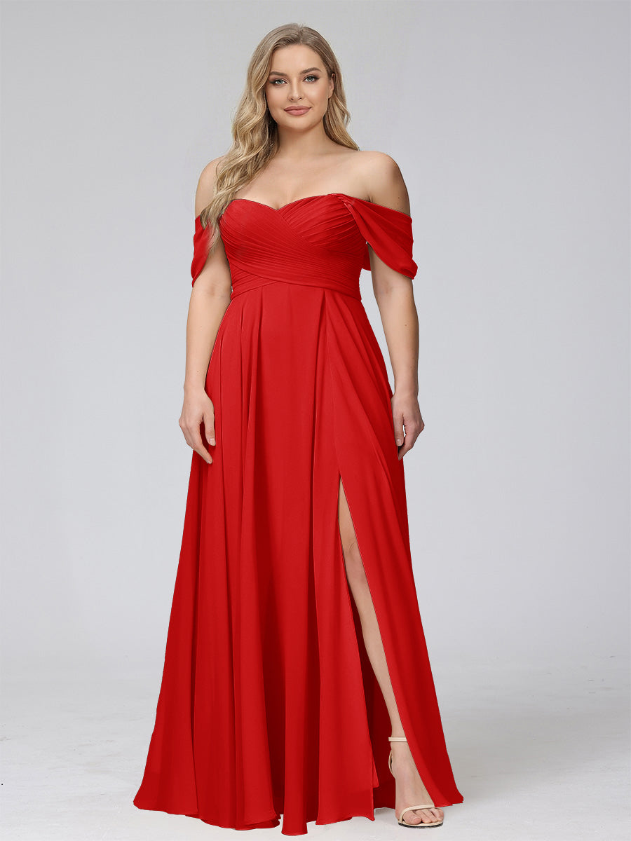 A-Line Off-the-Shoulder Sleeveless Ruched Long Chiffon Plus Size Bridesmaid Dresses with Split Side Red