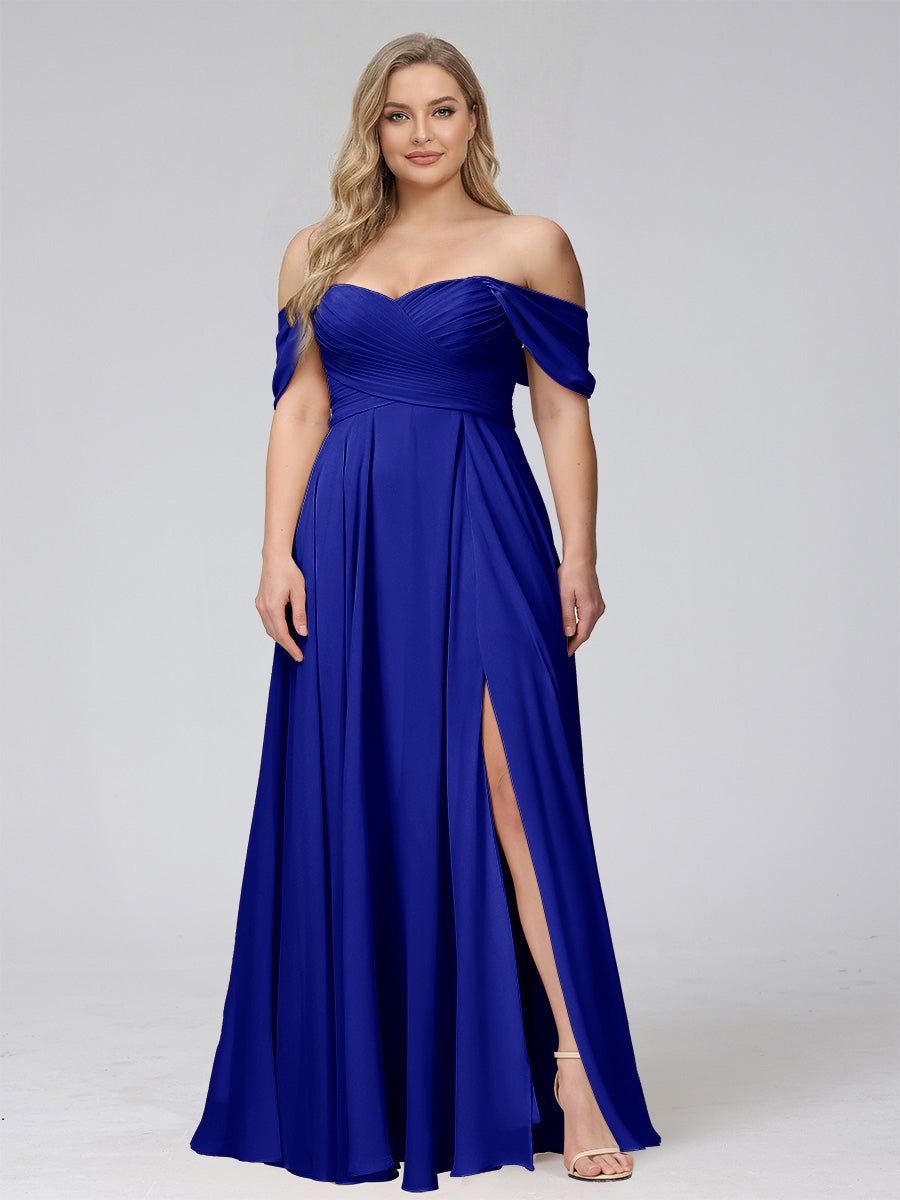 A-Line Off-the-Shoulder Sleeveless Ruched Long Chiffon Plus Size Bridesmaid Dresses with Split Side Royal Blue