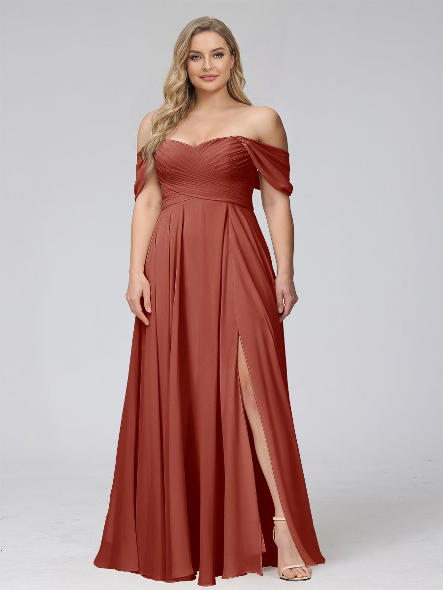 A-Line Off-the-Shoulder Sleeveless Ruched Long Chiffon Plus Size Bridesmaid Dresses with Split Side Rust