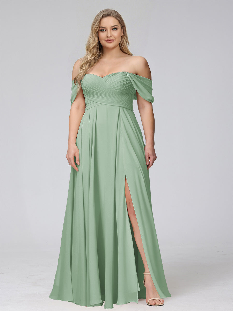 A-Line Off-the-Shoulder Sleeveless Ruched Long Chiffon Plus Size Bridesmaid Dresses with Split Side Sage