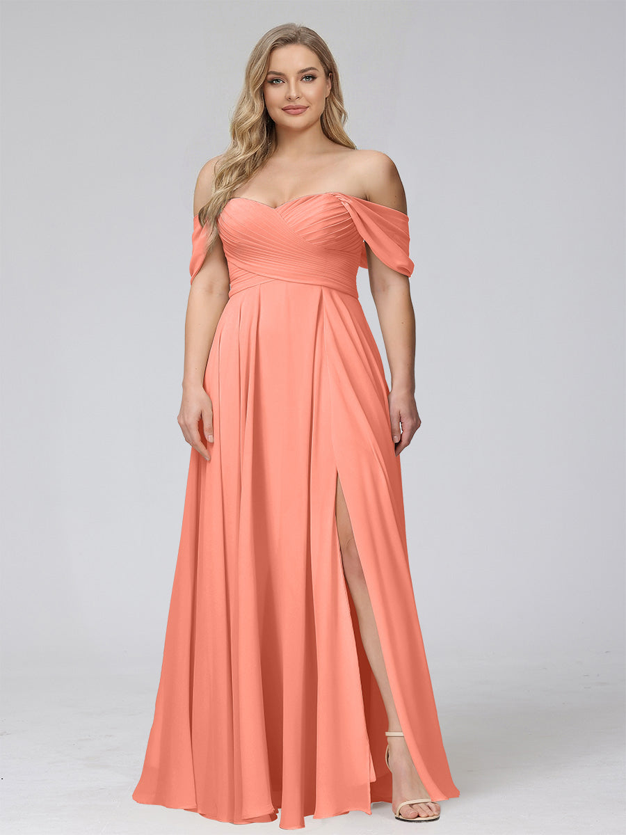 A-Line Off-the-Shoulder Sleeveless Ruched Long Chiffon Plus Size Bridesmaid Dresses with Split Side Salmon