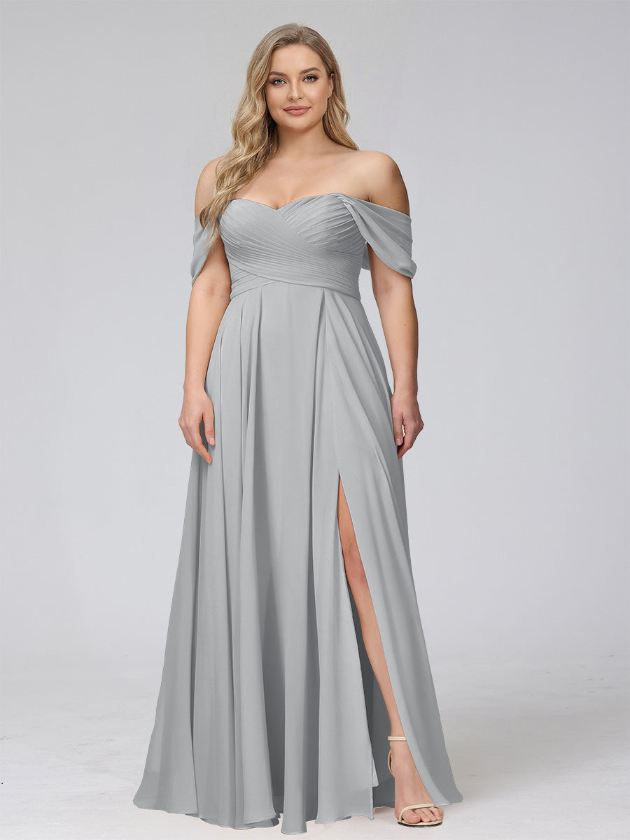 A-Line Off-the-Shoulder Sleeveless Ruched Long Chiffon Plus Size Bridesmaid Dresses with Split Side Silver
