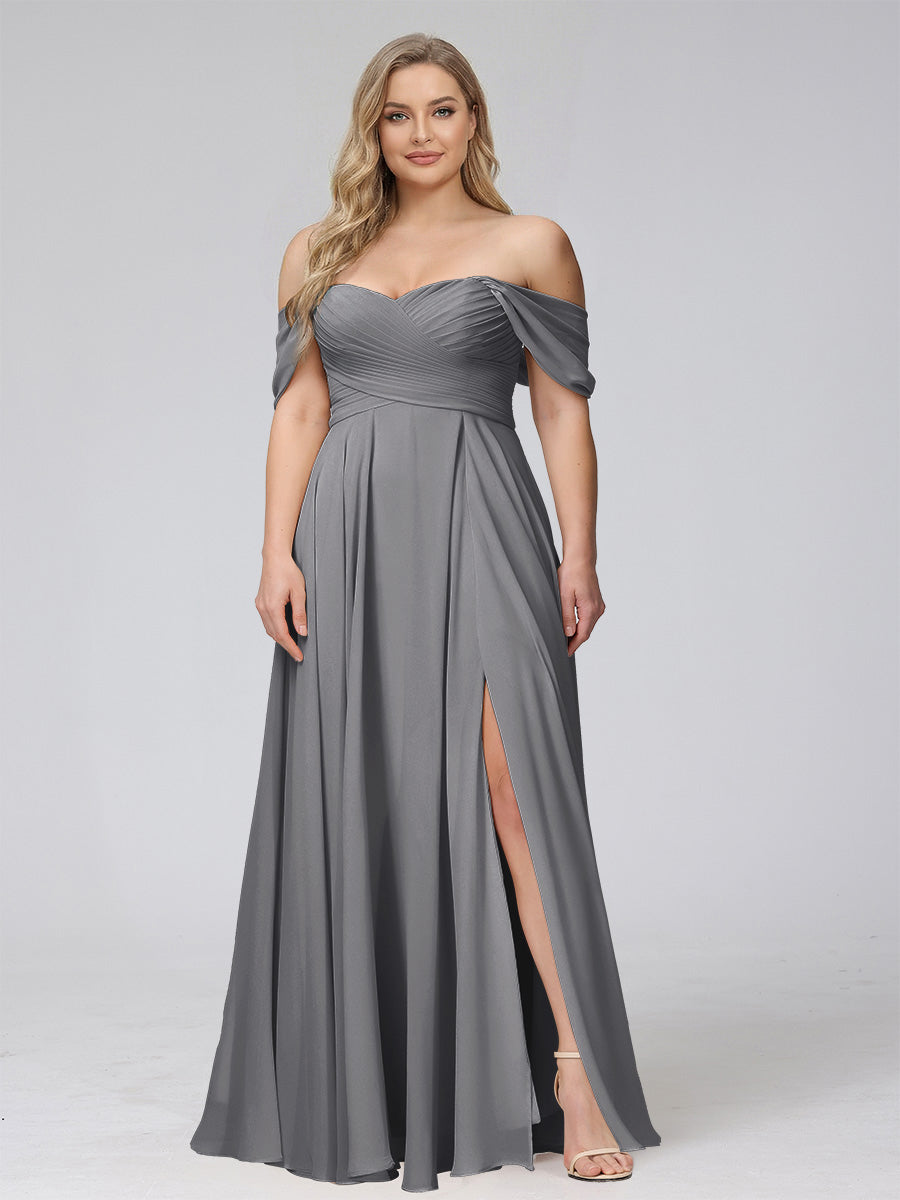 A-Line Off-the-Shoulder Sleeveless Ruched Long Chiffon Plus Size Bridesmaid Dresses with Split Side Silver Gray