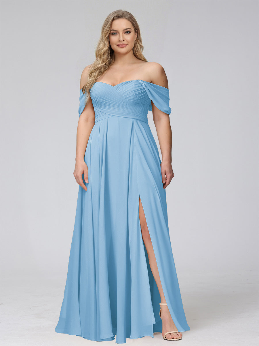 A-Line Off-the-Shoulder Sleeveless Ruched Long Chiffon Plus Size Bridesmaid Dresses with Split Side Sky Blue