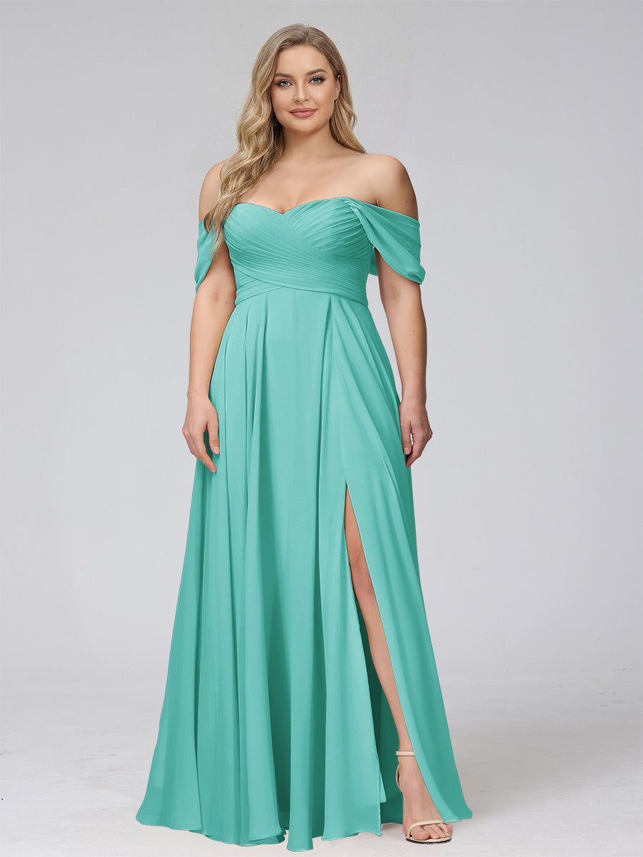 A-Line Off-the-Shoulder Sleeveless Ruched Long Chiffon Plus Size Bridesmaid Dresses with Split Side Spa