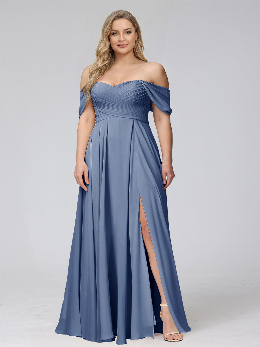 A-Line Off-the-Shoulder Sleeveless Ruched Long Chiffon Plus Size Bridesmaid Dresses with Split Side Steel Blue