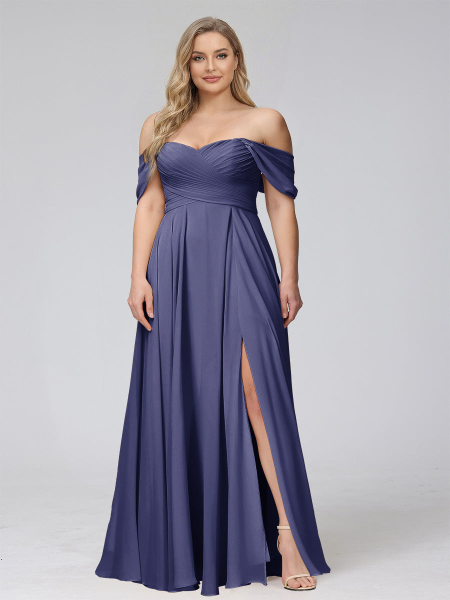 A-Line Off-the-Shoulder Sleeveless Ruched Long Chiffon Plus Size Bridesmaid Dresses with Split Side Stormy Blue