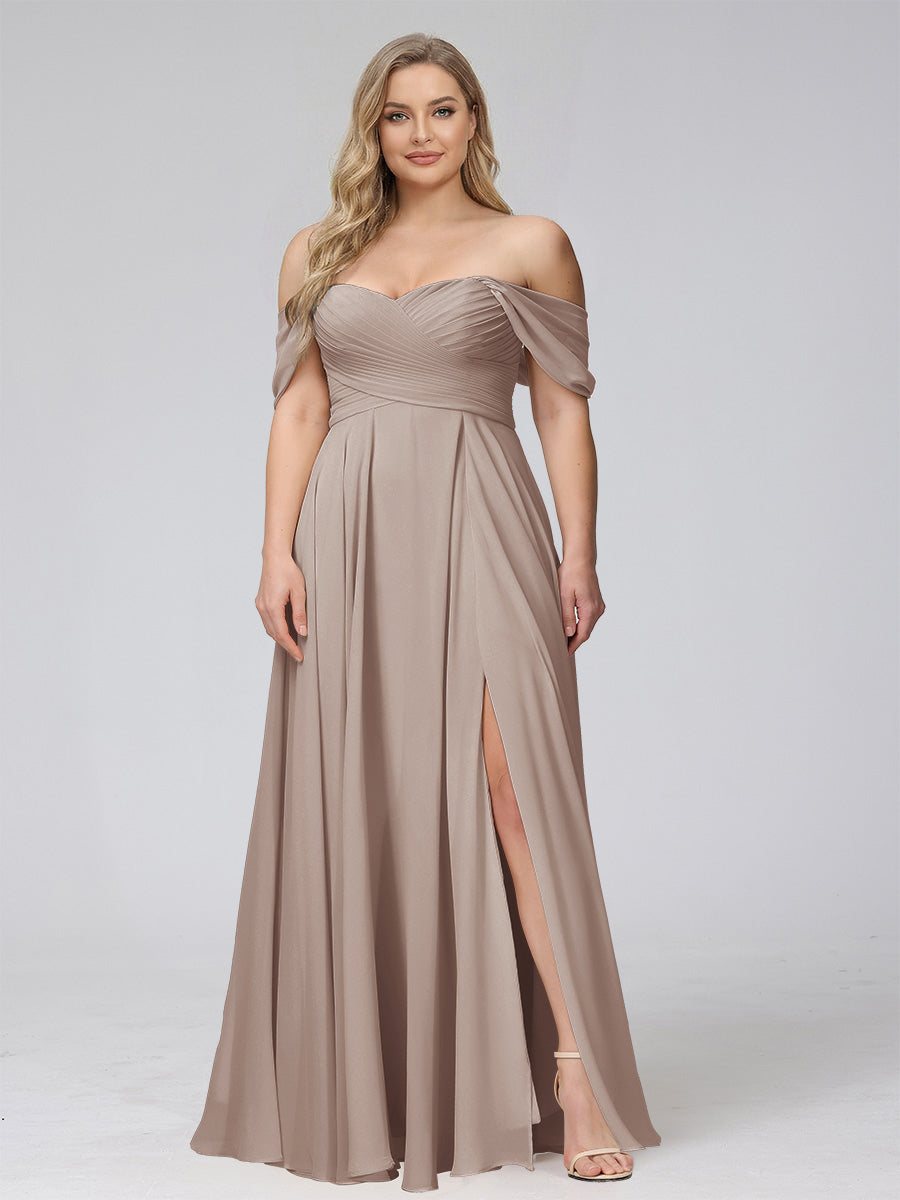 A-Line Off-the-Shoulder Sleeveless Ruched Long Chiffon Plus Size Bridesmaid Dresses with Split Side Taupe
