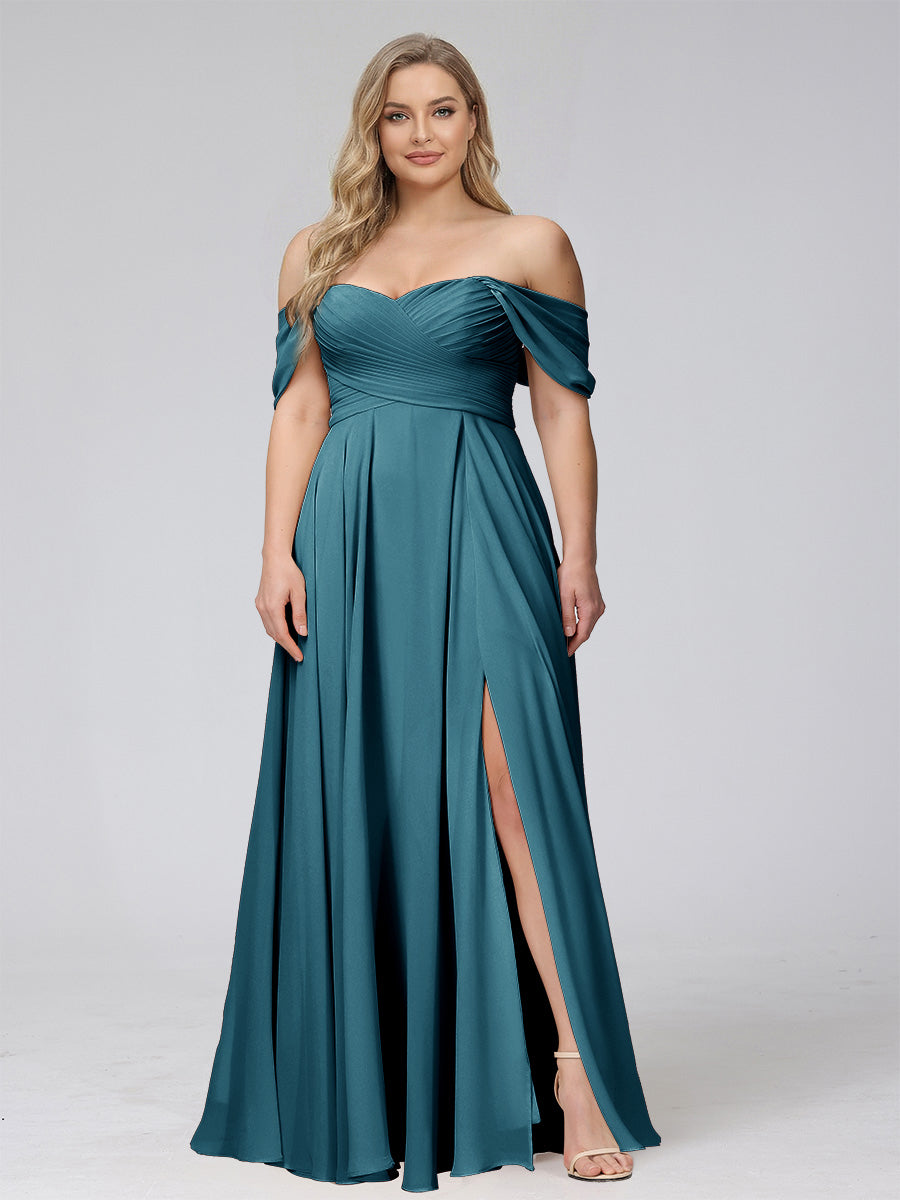 A-Line Off-the-Shoulder Sleeveless Ruched Long Chiffon Plus Size Bridesmaid Dresses with Split Side Teal