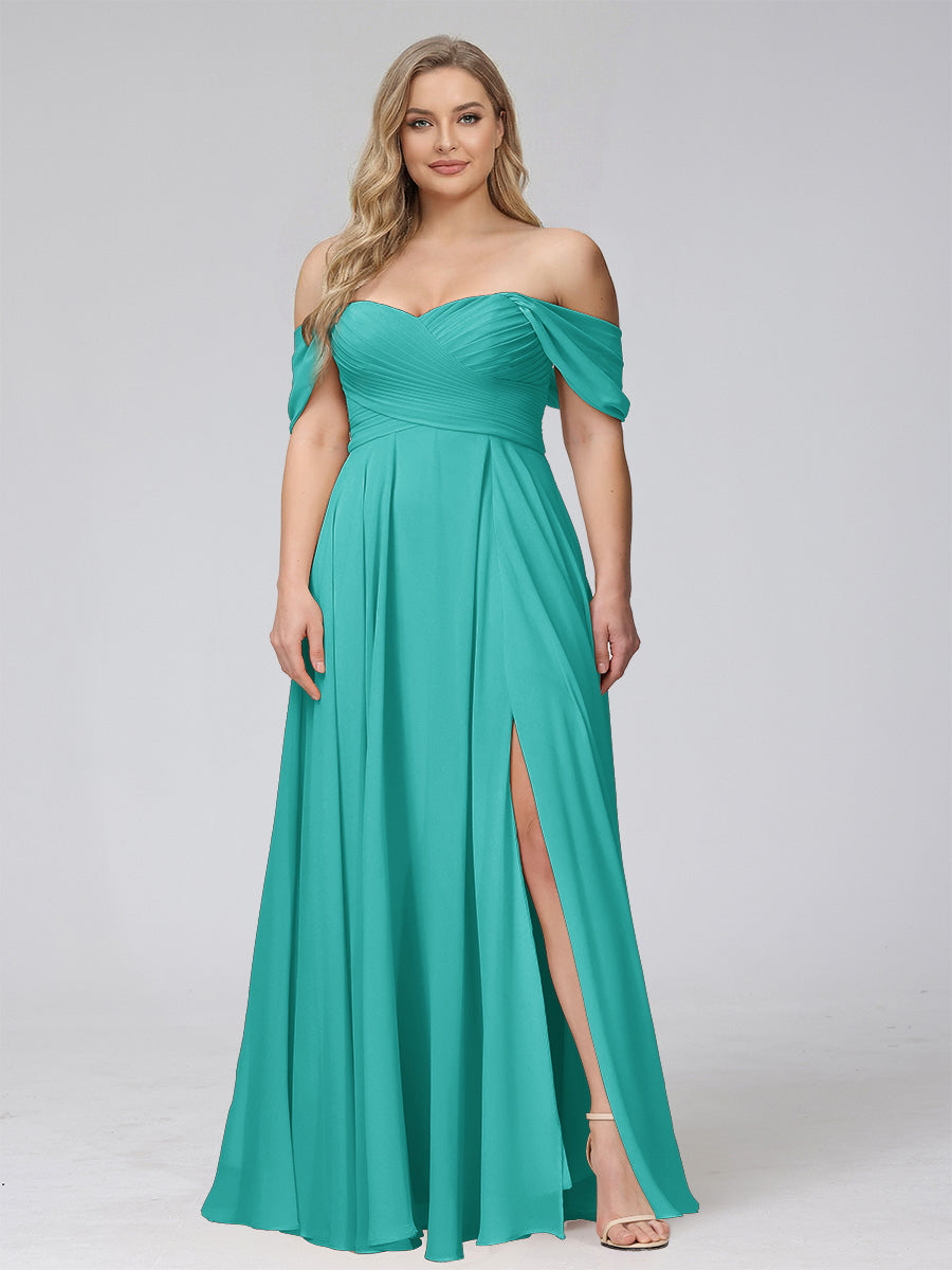 A-Line Off-the-Shoulder Sleeveless Ruched Long Chiffon Plus Size Bridesmaid Dresses with Split Side Turquoise