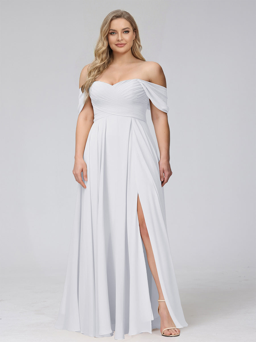 A-Line Off-the-Shoulder Sleeveless Ruched Long Chiffon Plus Size Bridesmaid Dresses with Split Side White