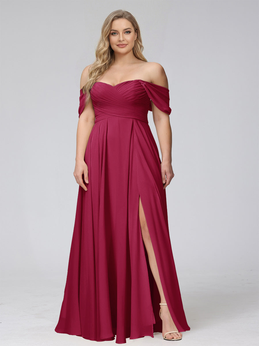 A-Line Off-the-Shoulder Sleeveless Ruched Long Chiffon Plus Size Bridesmaid Dresses with Split Side Wine Red