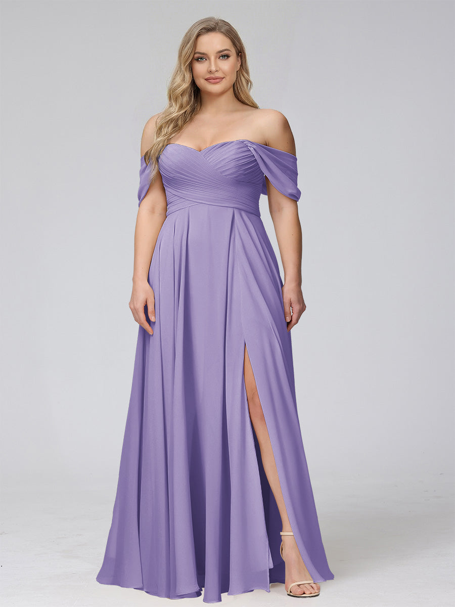 A-Line Off-the-Shoulder Sleeveless Ruched Long Chiffon Plus Size Bridesmaid Dresses with Split Side Wisteria