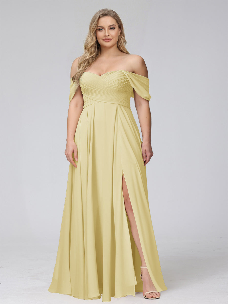 A-Line Off-the-Shoulder Sleeveless Ruched Long Chiffon Plus Size Bridesmaid Dresses with Split Side Yellow
