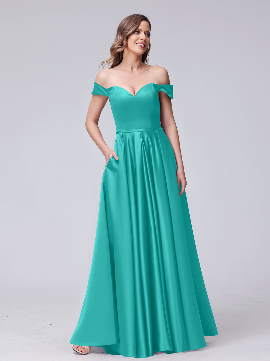 A-Line Off-the-Shoulder Sweetheart Satin Maxi Dresses with Pockets Aqua Blue