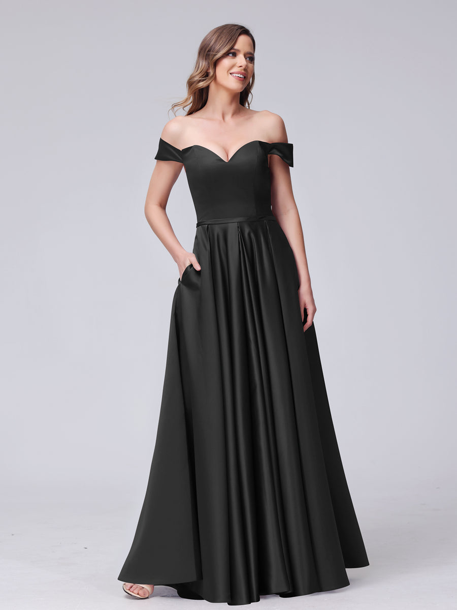 A-Line Off-the-Shoulder Sweetheart Satin Maxi Dresses with Pockets Black