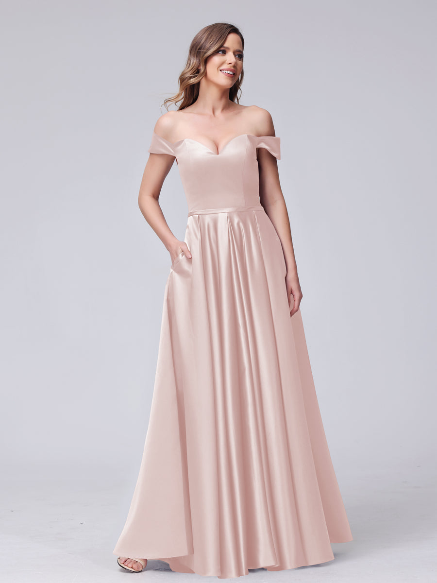 A-Line Off-the-Shoulder Sweetheart Satin Maxi Dresses with Pockets Blush Pink