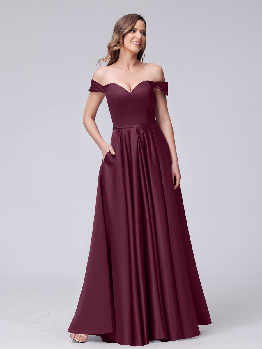 A-Line Off-the-Shoulder Sweetheart Satin Maxi Dresses with Pockets Burgundy