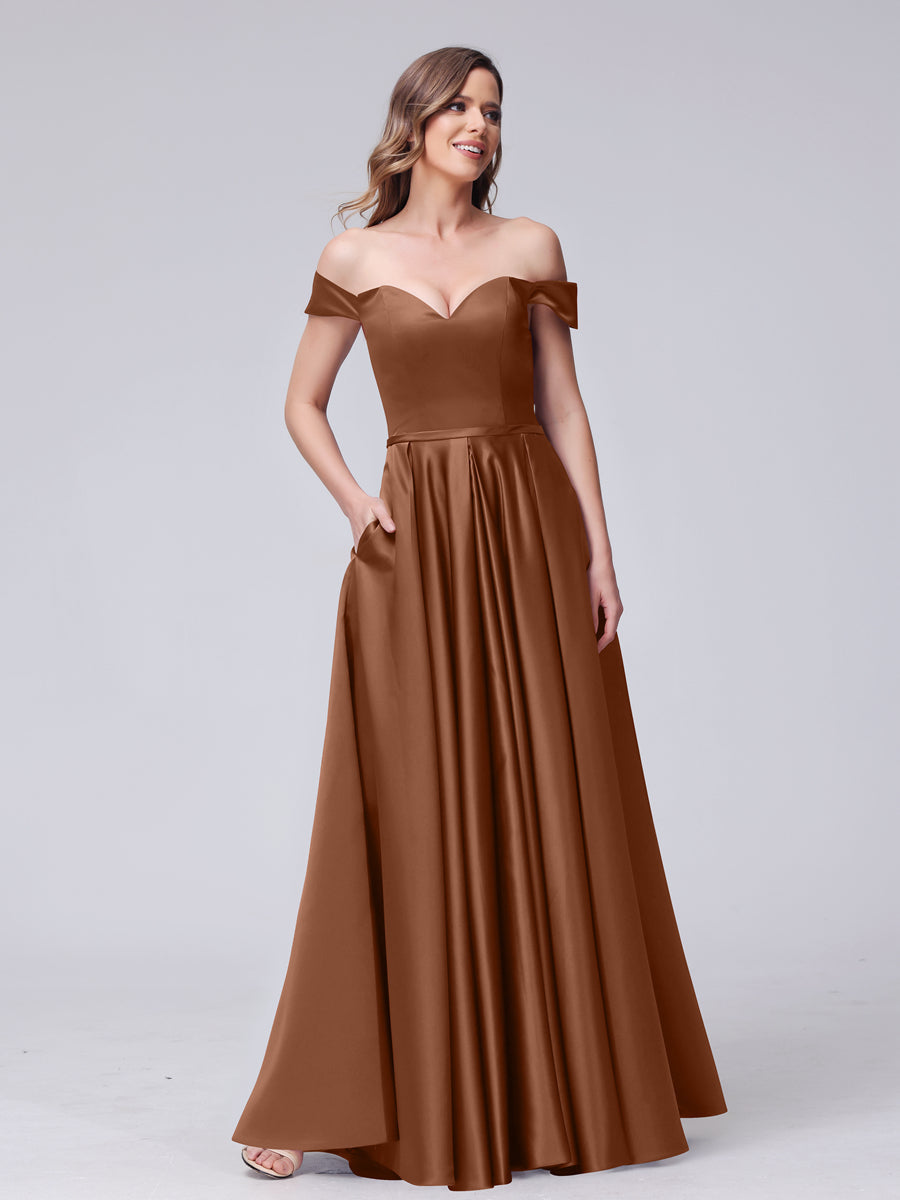 A-Line Off-the-Shoulder Sweetheart Satin Maxi Dresses with Pockets Burnt Orange