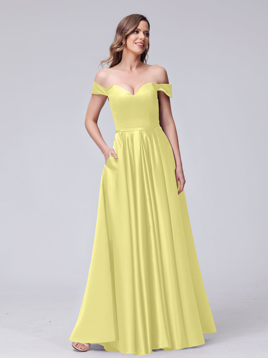 A-Line Off-the-Shoulder Sweetheart Satin Maxi Dresses with Pockets Canary