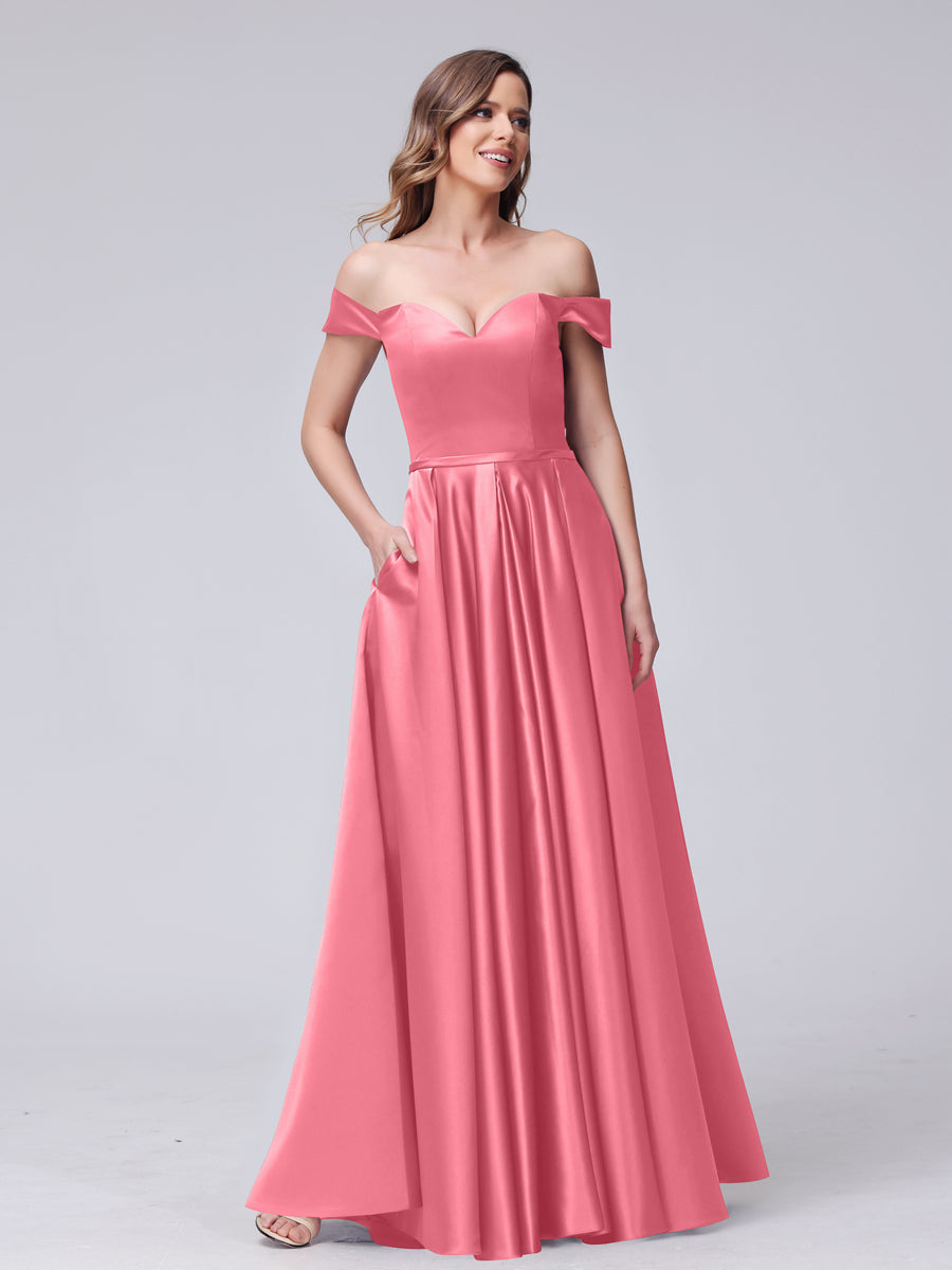 A-Line Off-the-Shoulder Sweetheart Satin Maxi Dresses with Pockets Coral