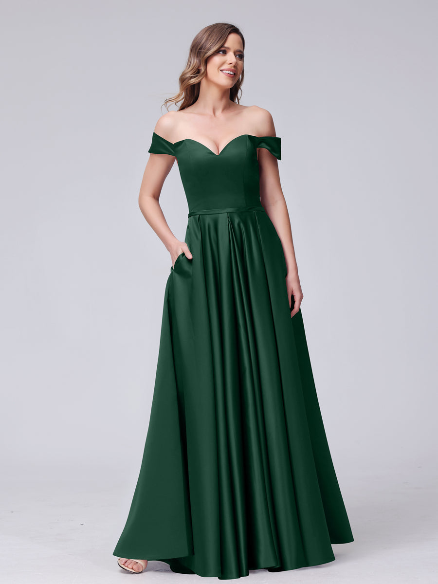 A-Line Off-the-Shoulder Sweetheart Satin Maxi Dresses with Pockets Dark Green