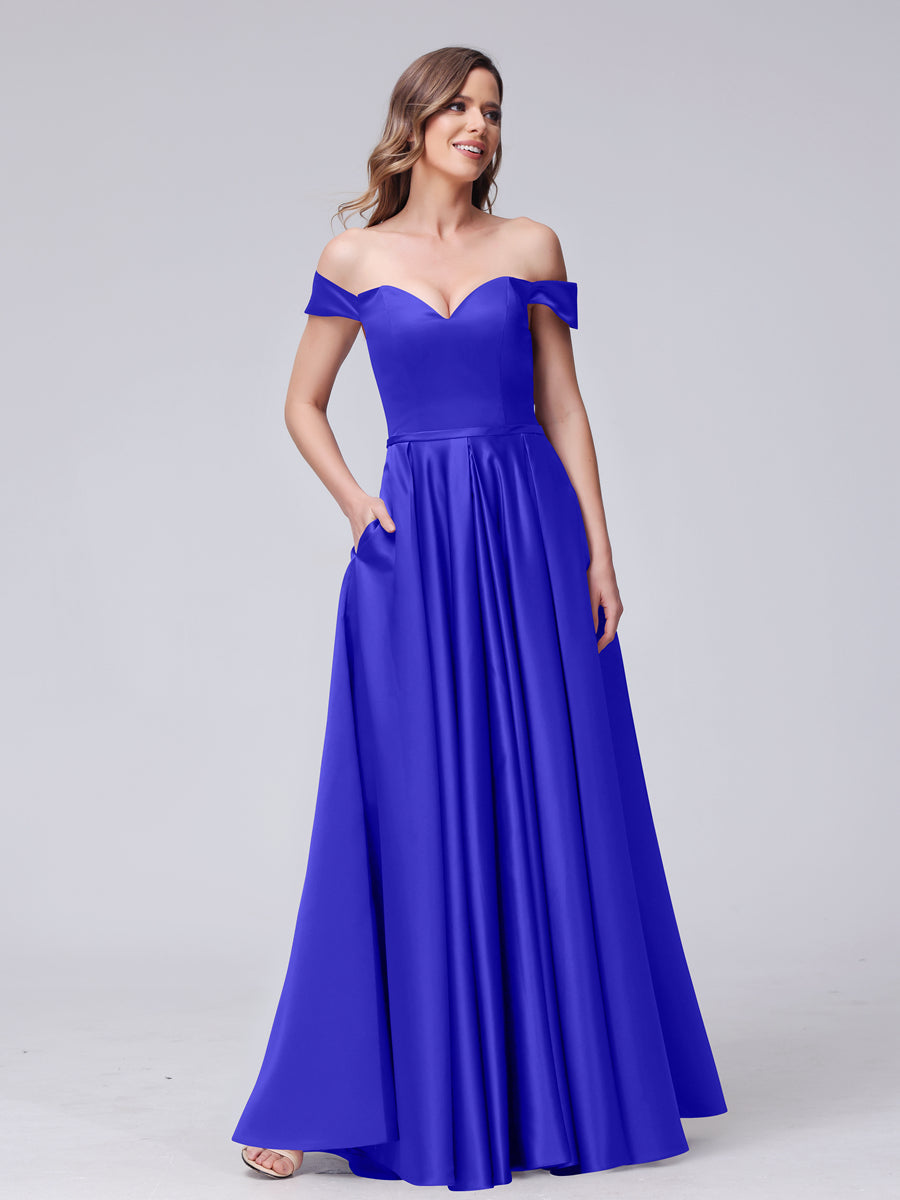 A-Line Off-the-Shoulder Sweetheart Satin Maxi Dresses with Pockets Dark Royal Blue