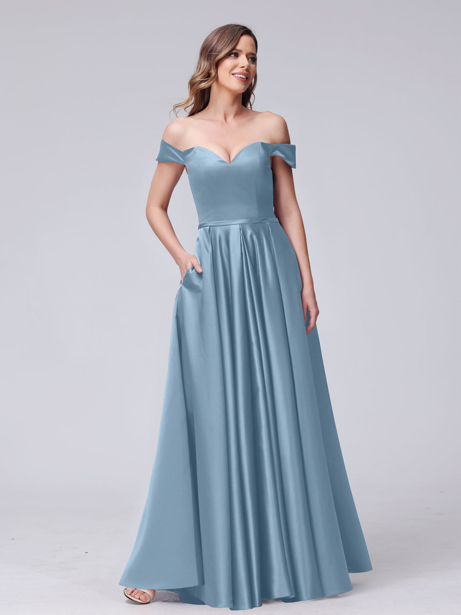 A-Line Off-the-Shoulder Sweetheart Satin Maxi Dresses with Pockets Dusty Blue