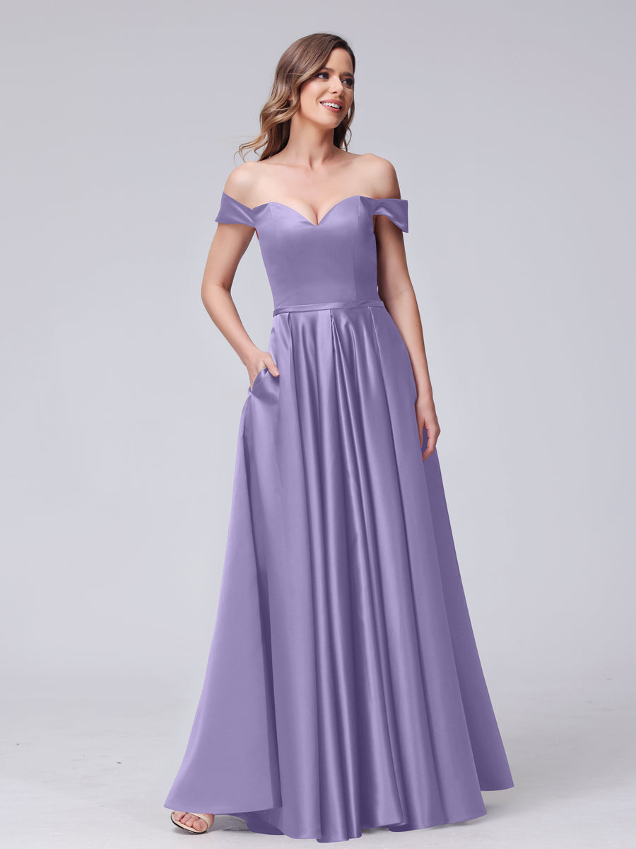 A-Line Off-the-Shoulder Sweetheart Satin Maxi Dresses with Pockets Dusty Purple