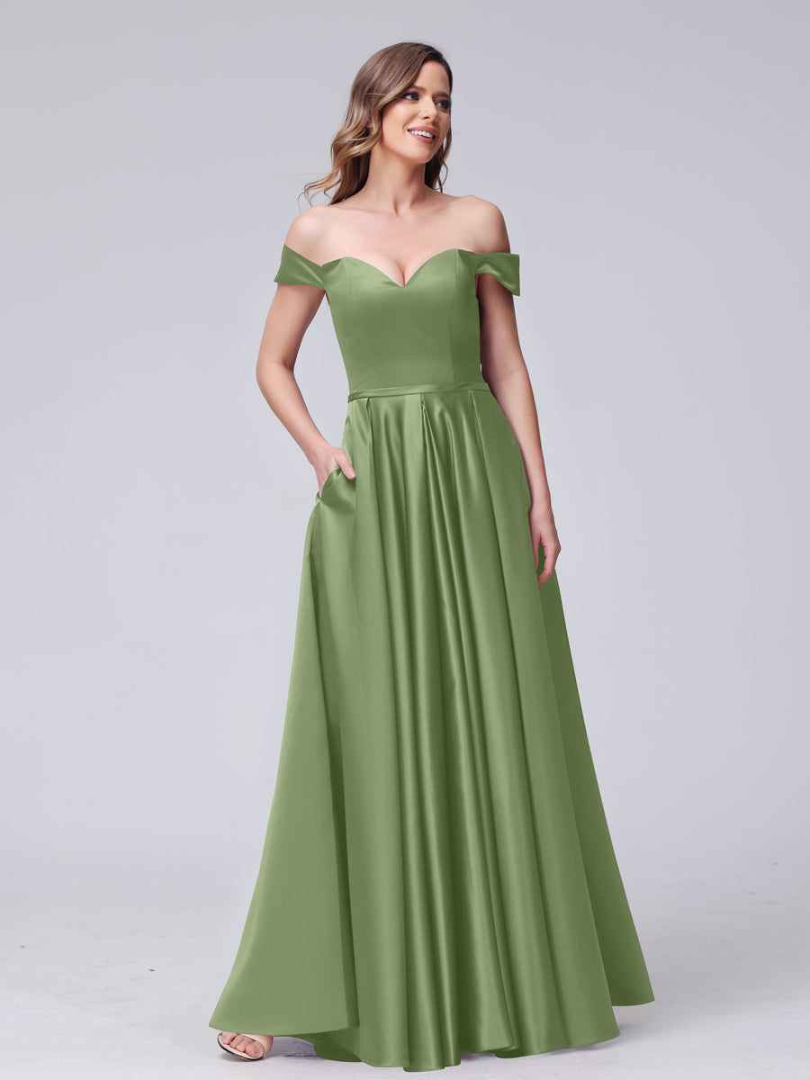A-Line Off-the-Shoulder Sweetheart Satin Maxi Dresses with Pockets Dusty Sage