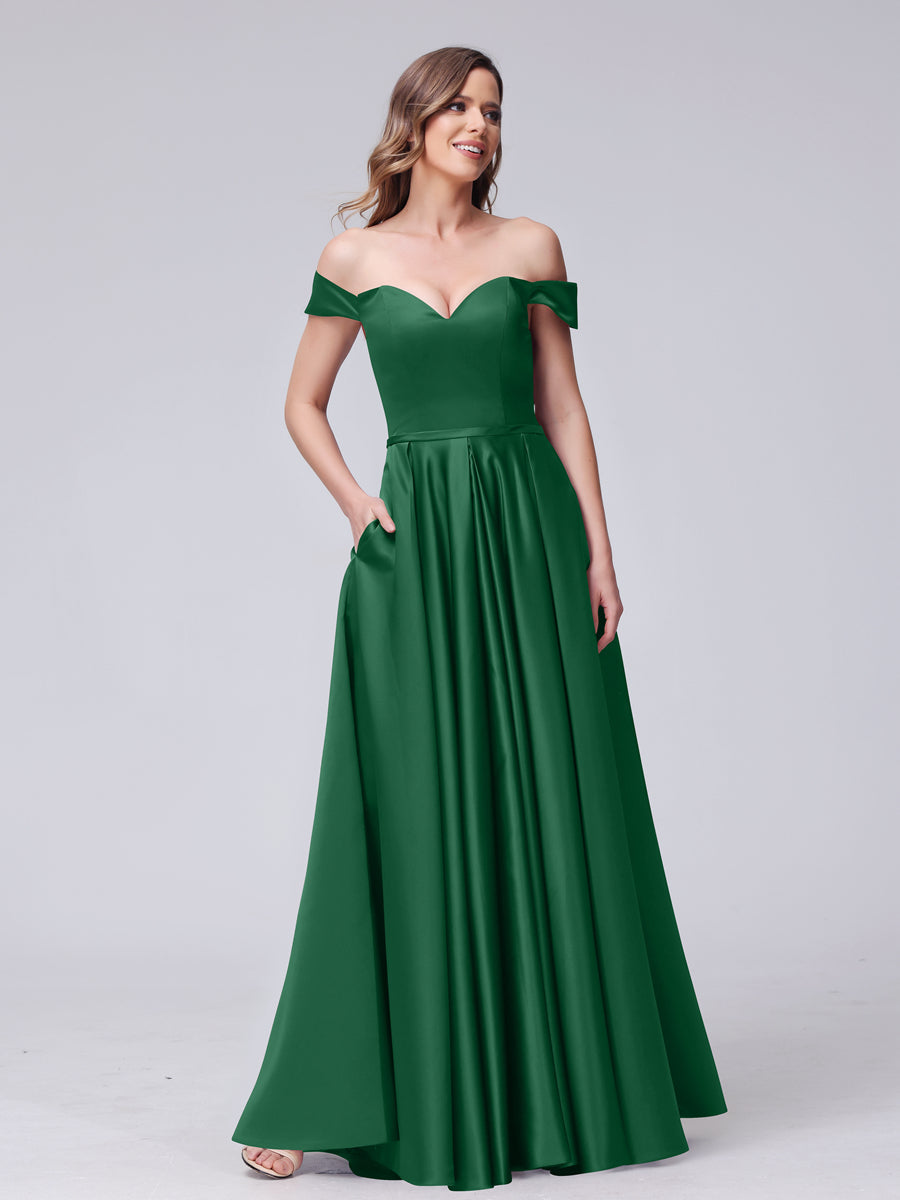 A-Line Off-the-Shoulder Sweetheart Satin Maxi Dresses with Pockets Emerald
