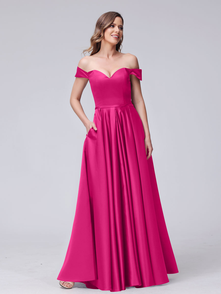 A-Line Off-the-Shoulder Sweetheart Satin Maxi Dresses with Pockets Fuchsia