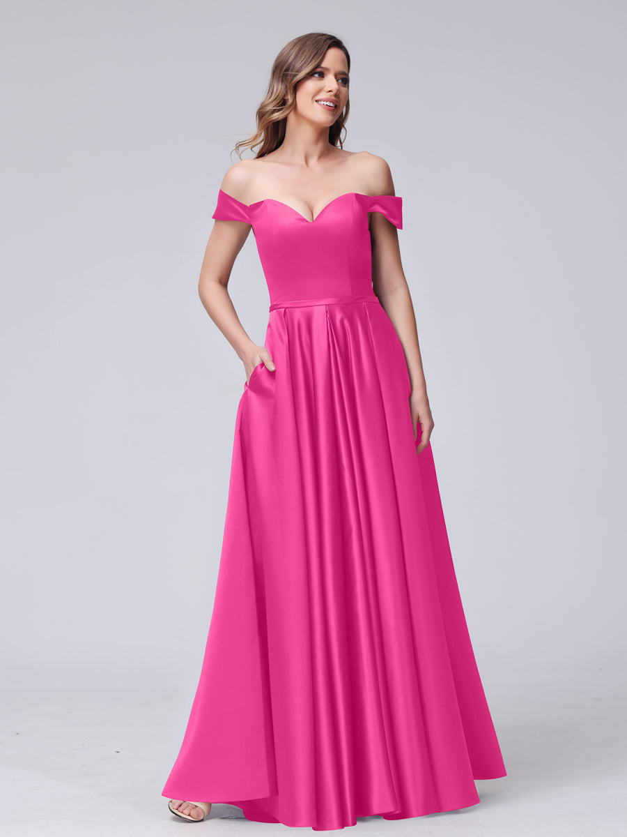 A-Line Off-the-Shoulder Sweetheart Satin Maxi Dresses with Pockets Fuchsia Pink